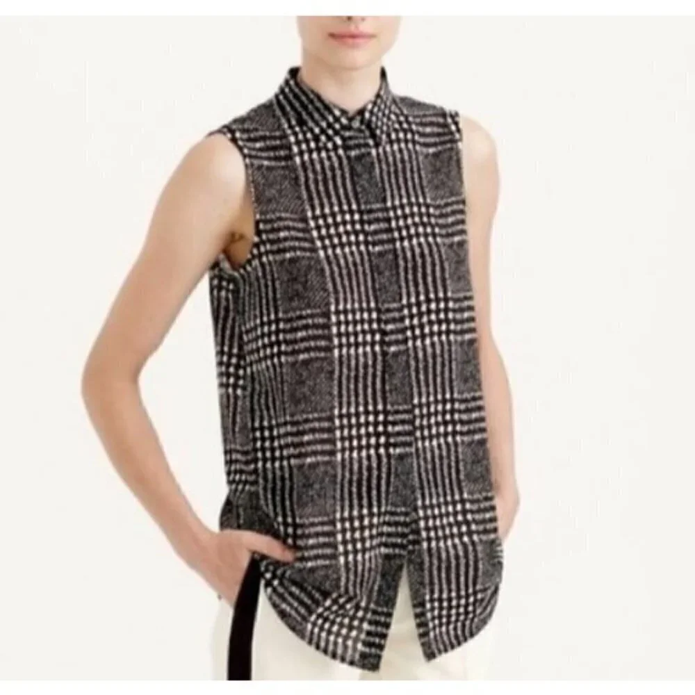 J Crew Top Womens 2 Graphic Plaid Sleeveless Button Up Tunic Black Blouse Tunic
